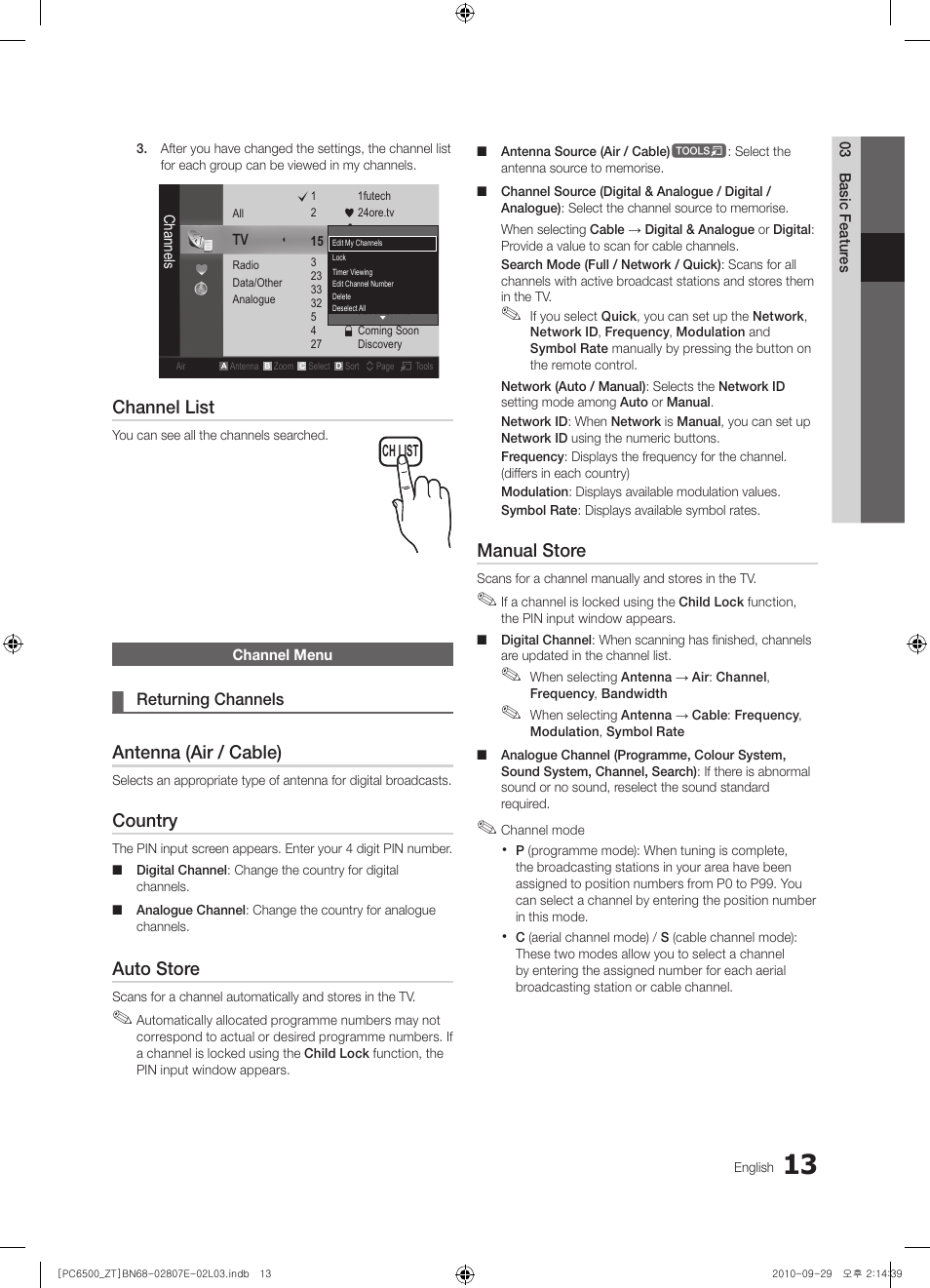 Channel list, Antenna (air / cable), Country | Auto store, Manual store | Samsung PS50C6500TP User Manual | Page 13 / 172