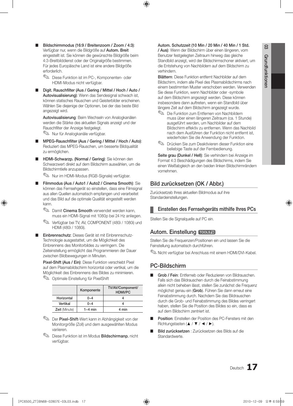 Bild zurücksetzen (ok / abbr.), Autom. einstellung, Pc-bildschirm | Samsung PS50C6500TP User Manual | Page 131 / 172