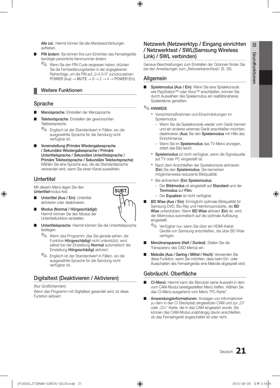Sprache, Untertitel, Digitaltext (deaktivieren / aktivieren) | Allgemein, Gebräuchl. oberfläche | Samsung PS50C6500TP User Manual | Page 135 / 172