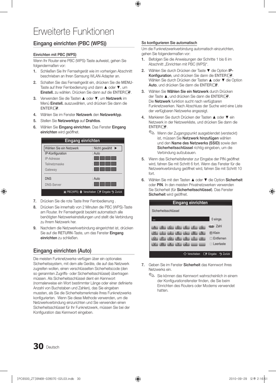 Erweiterte funktionen, Eingang einrichten (pbc (wps)), Eingang einrichten (auto) | Samsung PS50C6500TP User Manual | Page 144 / 172