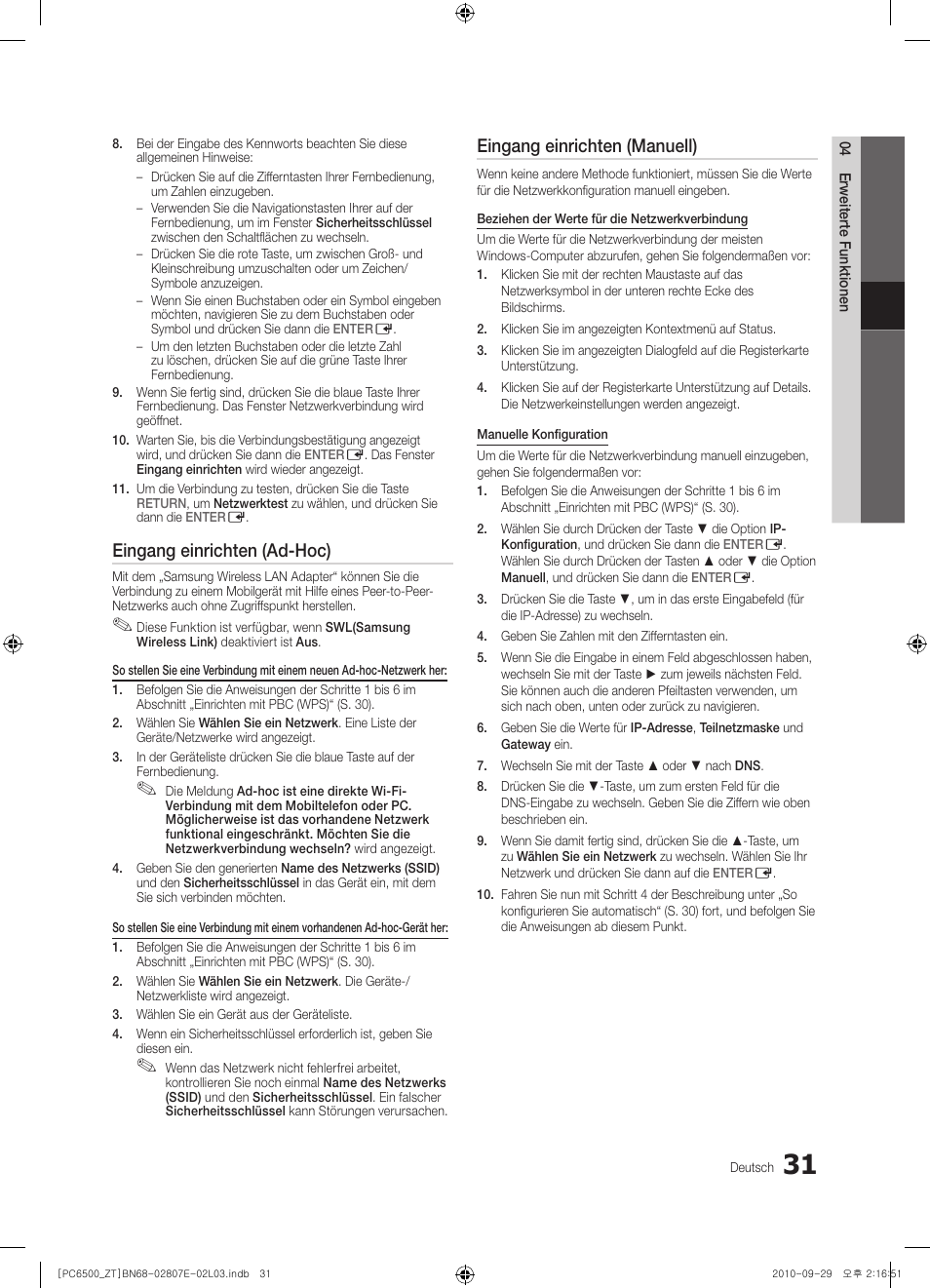 Eingang einrichten (ad-hoc), Eingang einrichten (manuell) | Samsung PS50C6500TP User Manual | Page 145 / 172