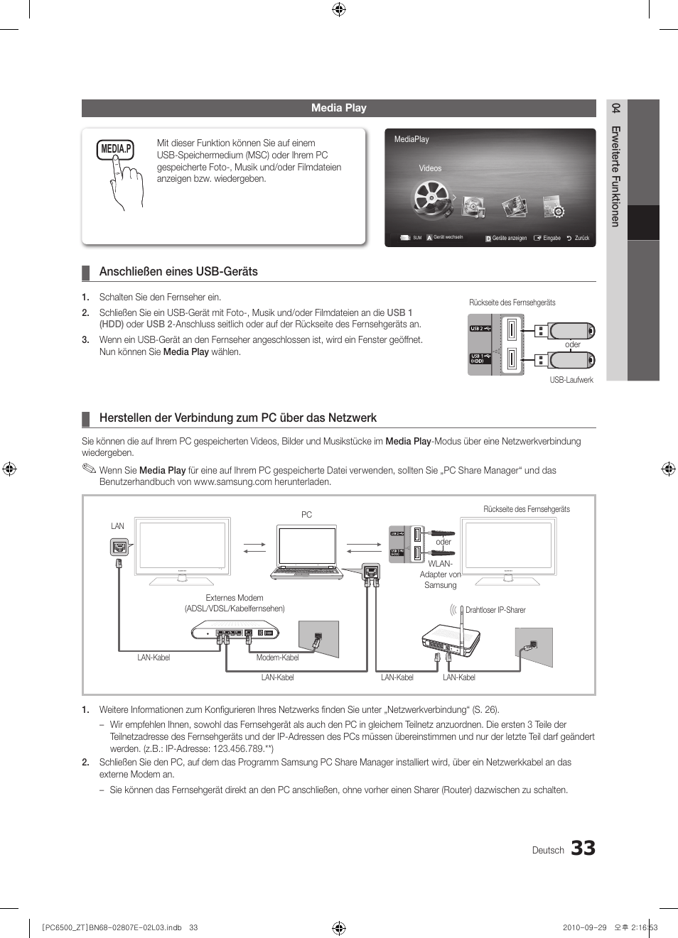 Anschließen eines usb-geräts, Herstellen der verbindung zum pc über das netzwerk | Samsung PS50C6500TP User Manual | Page 147 / 172