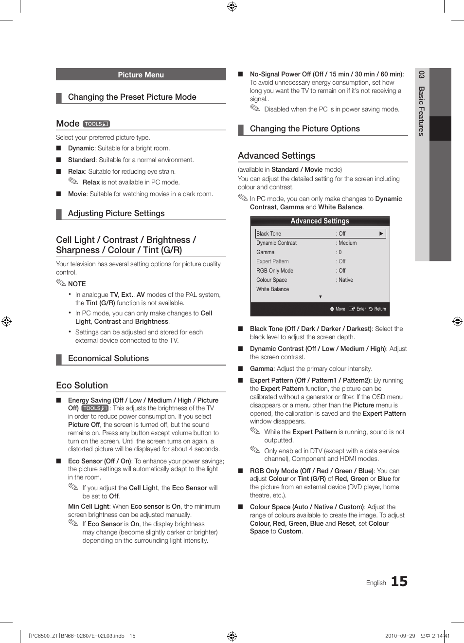 Mode, Eco solution, Advanced settings | Samsung PS50C6500TP User Manual | Page 15 / 172