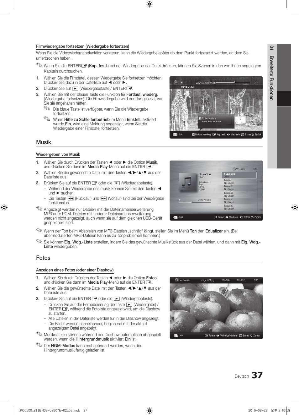 Musik, Fotos | Samsung PS50C6500TP User Manual | Page 151 / 172