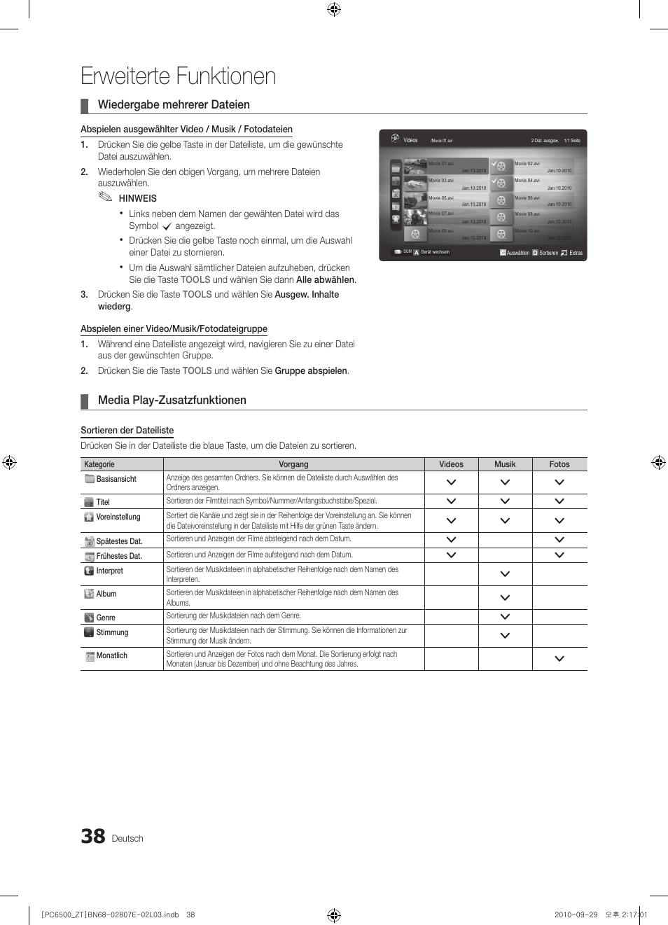 Erweiterte funktionen, Wiedergabe mehrerer dateien, Media play-zusatzfunktionen | Samsung PS50C6500TP User Manual | Page 152 / 172