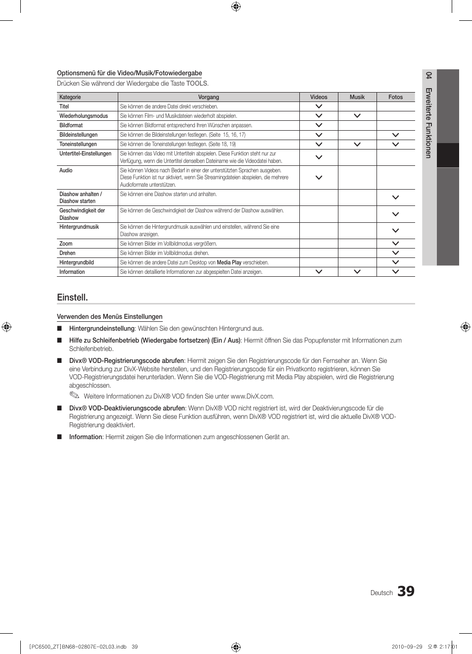 Einstell | Samsung PS50C6500TP User Manual | Page 153 / 172