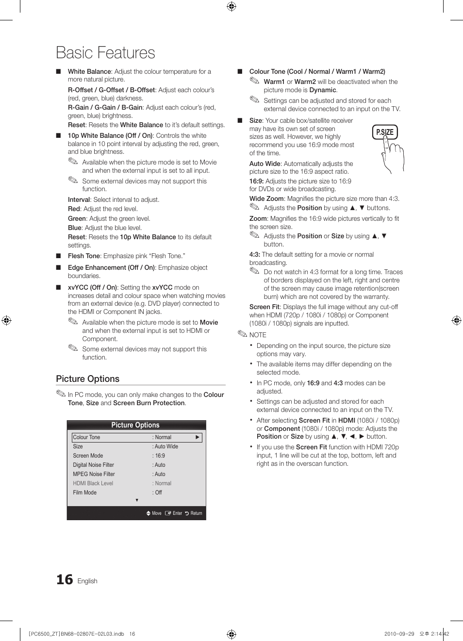 Basic features | Samsung PS50C6500TP User Manual | Page 16 / 172