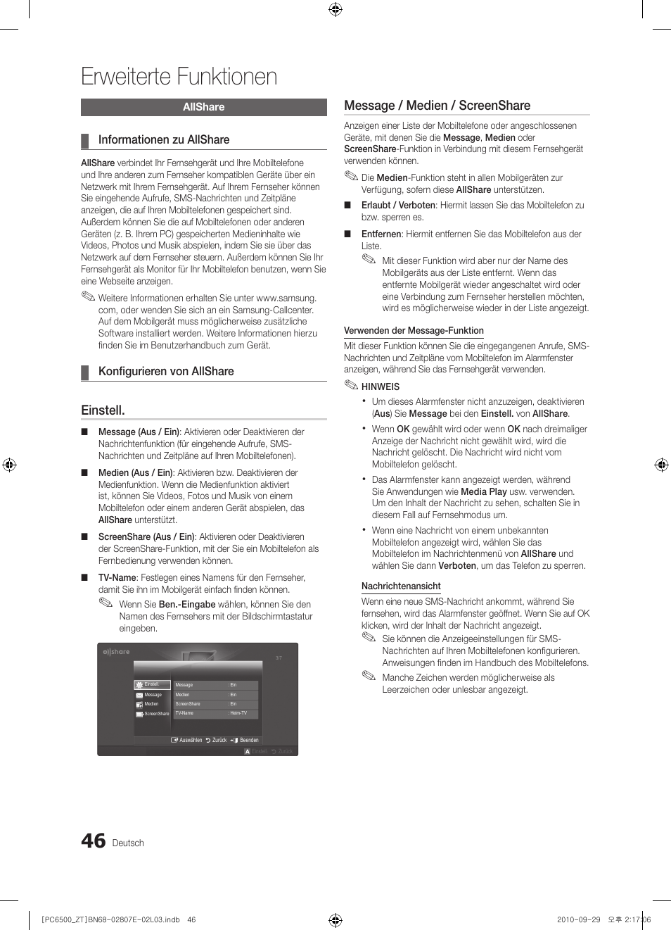 Erweiterte funktionen, Einstell, Message / medien / screenshare | Samsung PS50C6500TP User Manual | Page 160 / 172