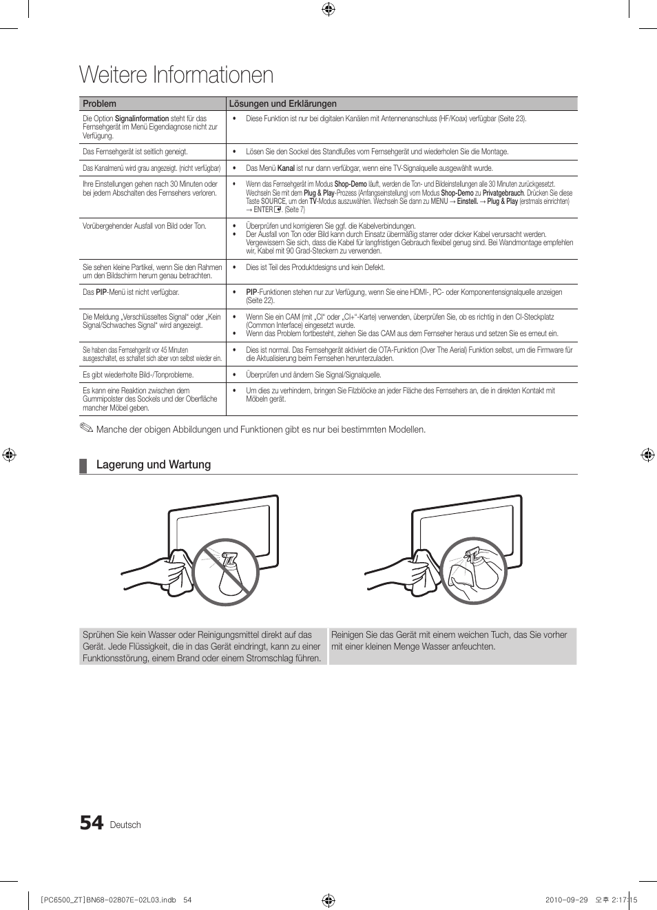 Weitere informationen, Lagerung und wartung | Samsung PS50C6500TP User Manual | Page 168 / 172