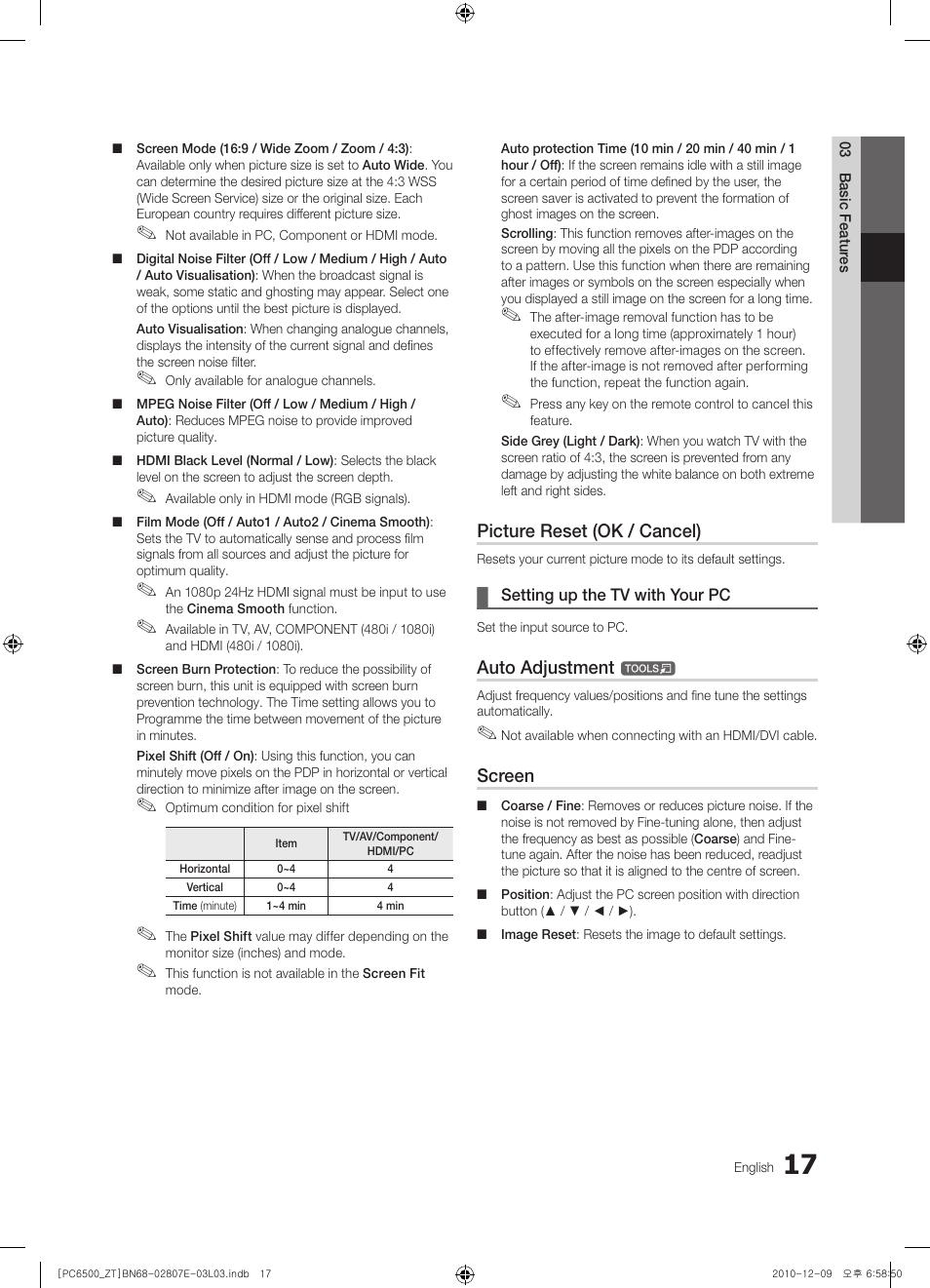 Picture reset (ok / cancel), Auto adjustment, Screen | Samsung PS50C6500TP User Manual | Page 17 / 172