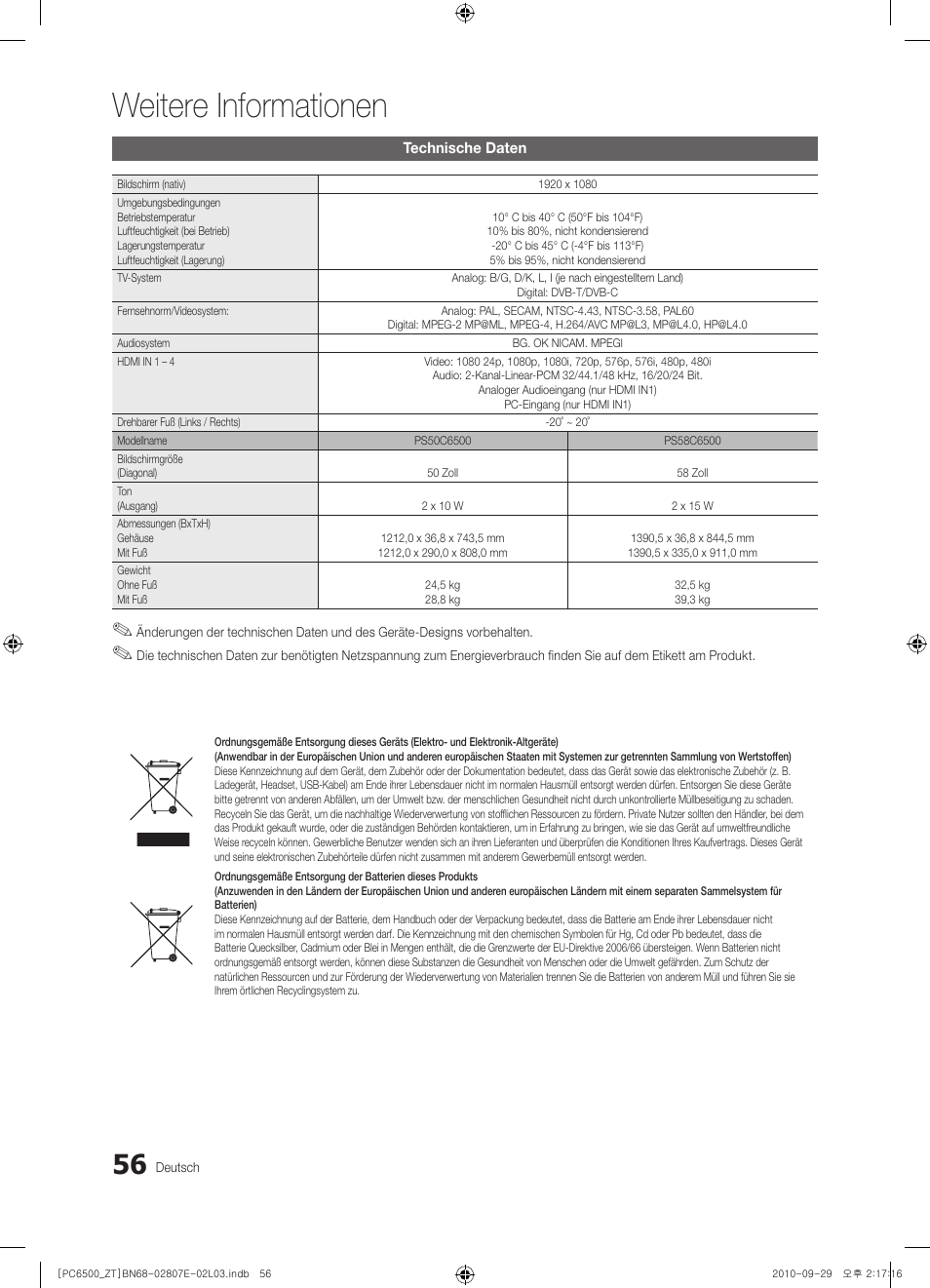 Weitere informationen | Samsung PS50C6500TP User Manual | Page 170 / 172