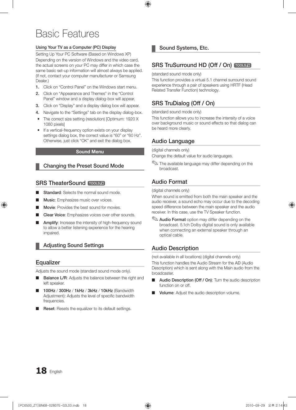 Basic features, Srs theatersound, Equalizer | Srs trusurround hd (off / on), Srs trudialog (off / on), Audio language, Audio format, Audio description | Samsung PS50C6500TP User Manual | Page 18 / 172