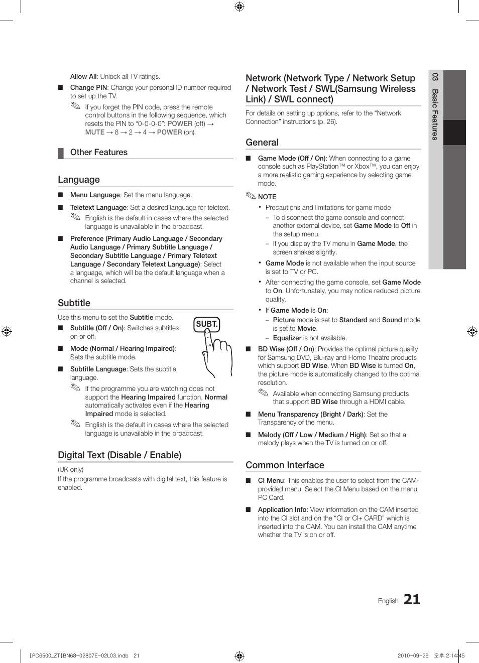 Language, Subtitle, Digital text (disable / enable) | General, Common interface | Samsung PS50C6500TP User Manual | Page 21 / 172