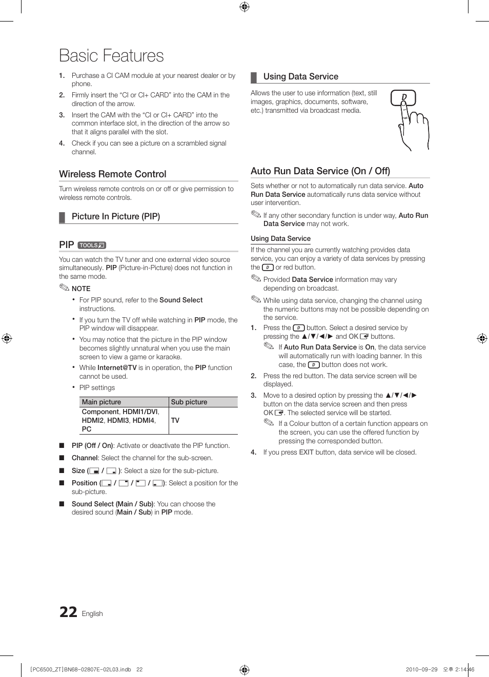 Basic features, Wireless remote control, Auto run data service (on / off) | Samsung PS50C6500TP User Manual | Page 22 / 172