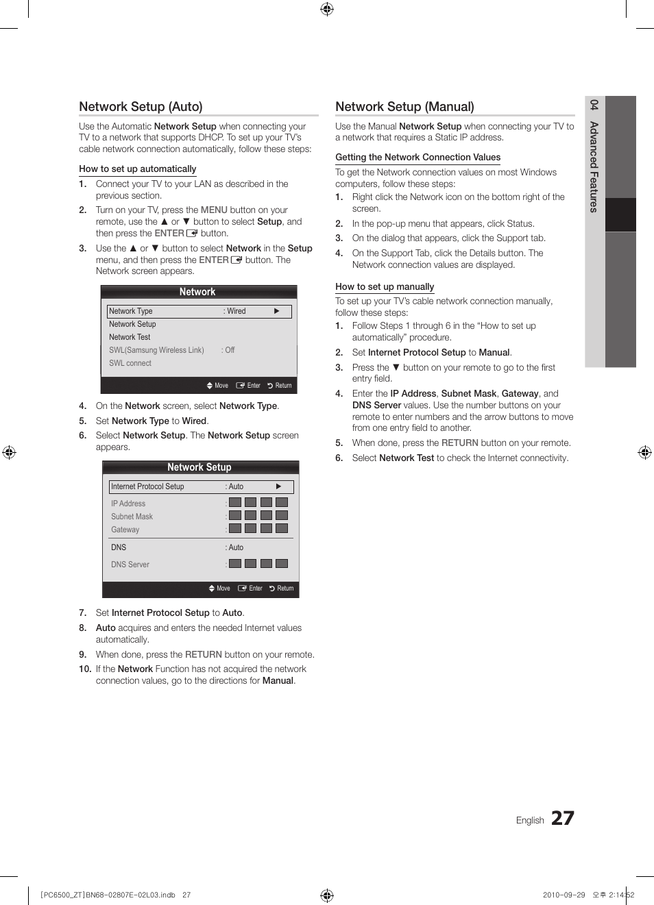 Network setup (auto), Network setup (manual) | Samsung PS50C6500TP User Manual | Page 27 / 172