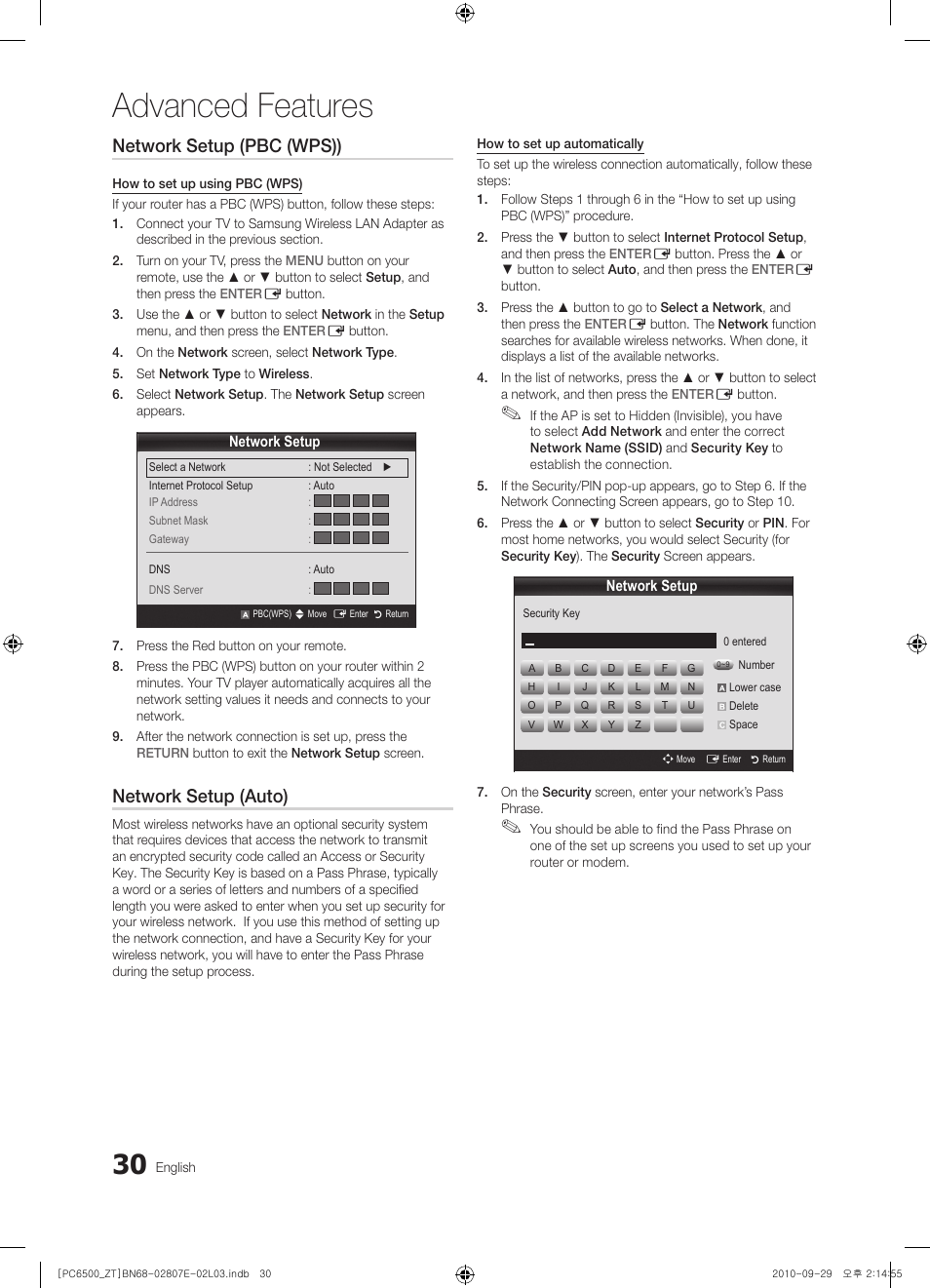 Advanced features, Network setup (pbc (wps)), Network setup (auto) | Samsung PS50C6500TP User Manual | Page 30 / 172