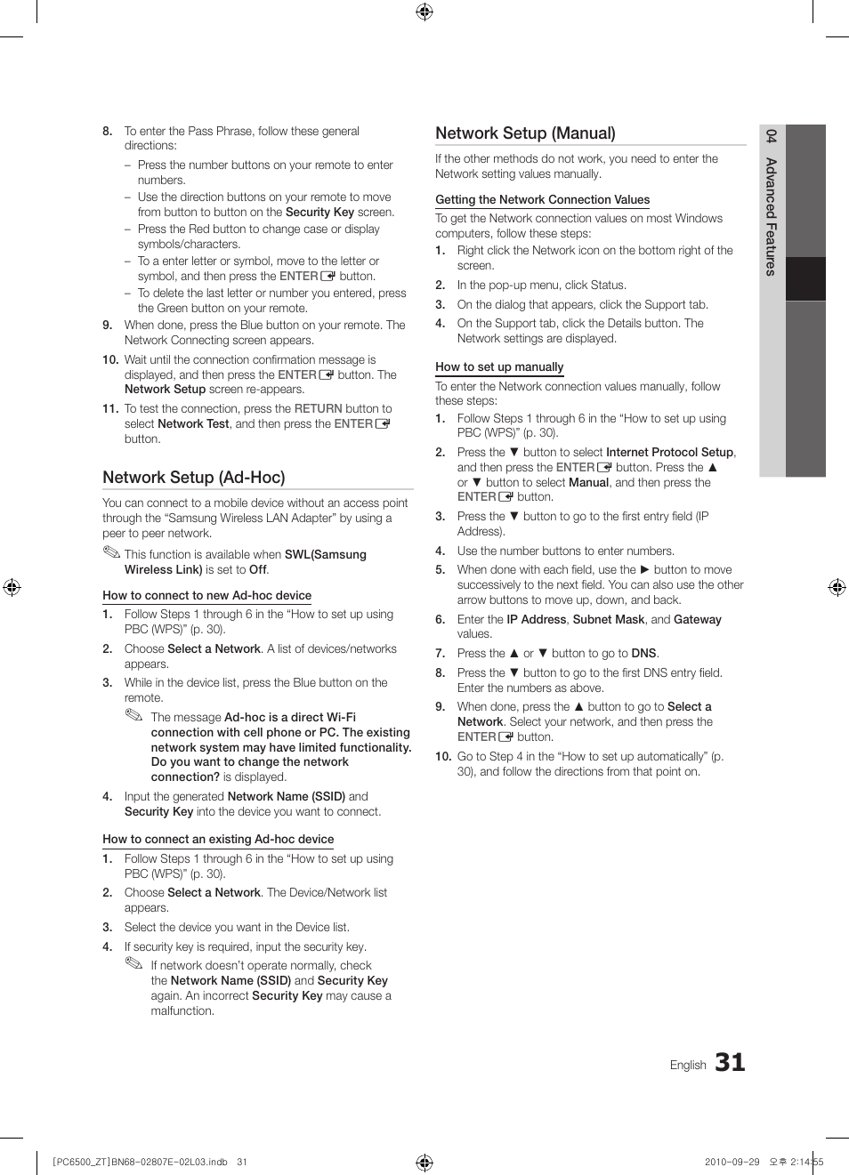 Network setup (ad-hoc), Network setup (manual) | Samsung PS50C6500TP User Manual | Page 31 / 172