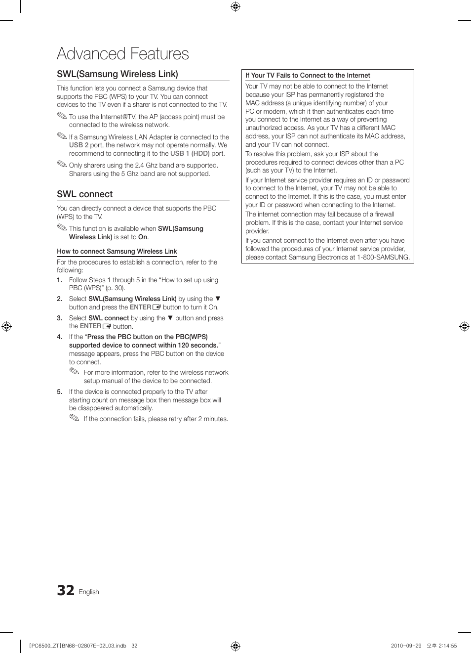 Advanced features | Samsung PS50C6500TP User Manual | Page 32 / 172