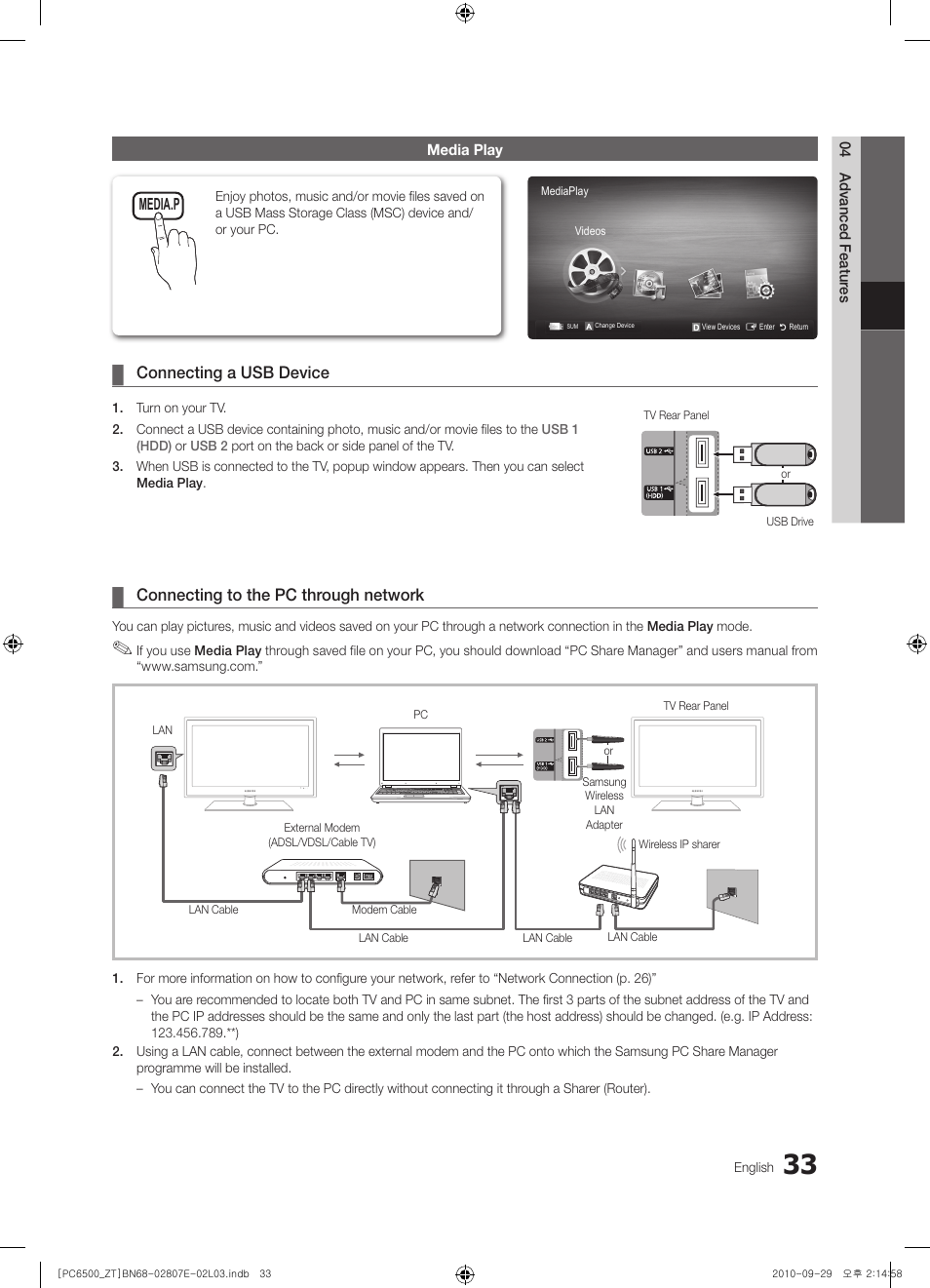 Connecting a usb device, Connecting to the pc through network | Samsung PS50C6500TP User Manual | Page 33 / 172