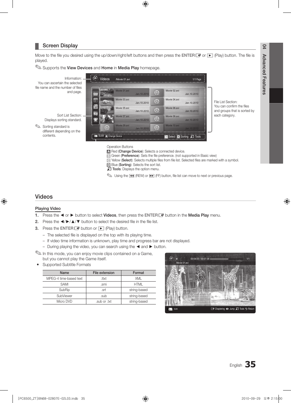 Videos, Screen display | Samsung PS50C6500TP User Manual | Page 35 / 172