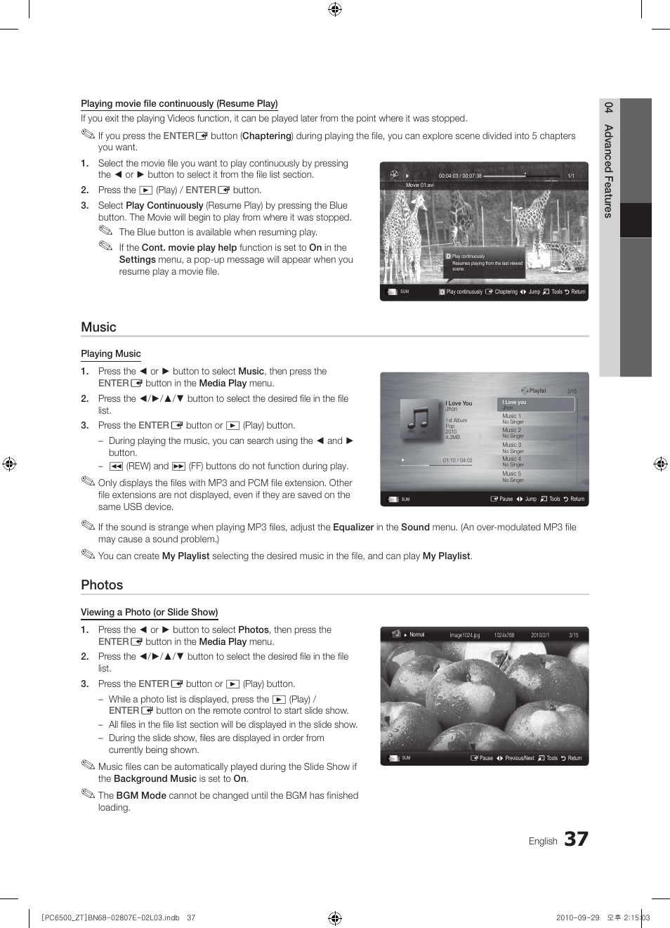 Music, Photos | Samsung PS50C6500TP User Manual | Page 37 / 172