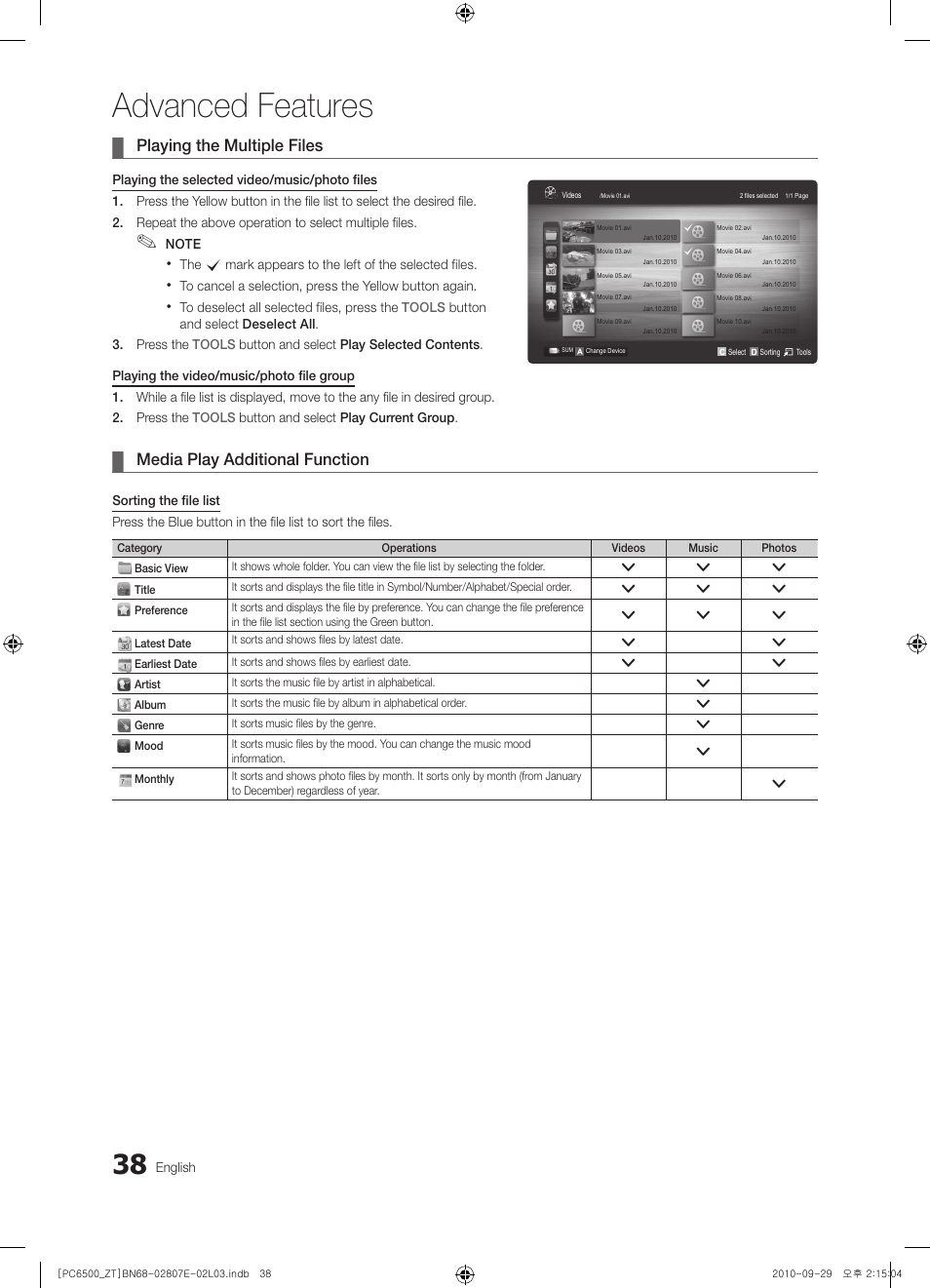 Advanced features, Playing the multiple files, Media play additional function | Samsung PS50C6500TP User Manual | Page 38 / 172