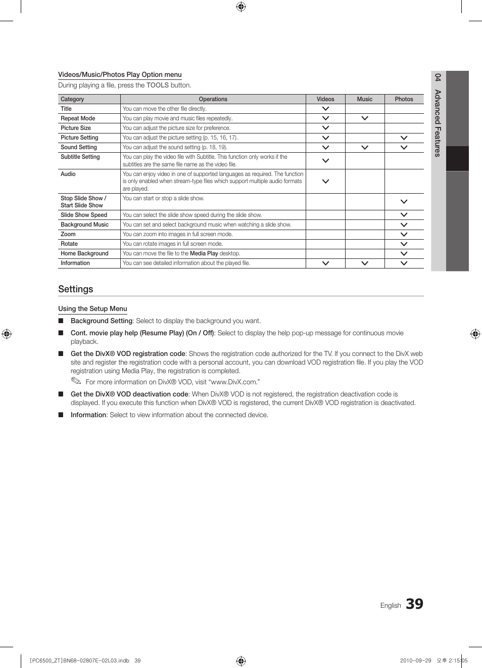 Settings | Samsung PS50C6500TP User Manual | Page 39 / 172