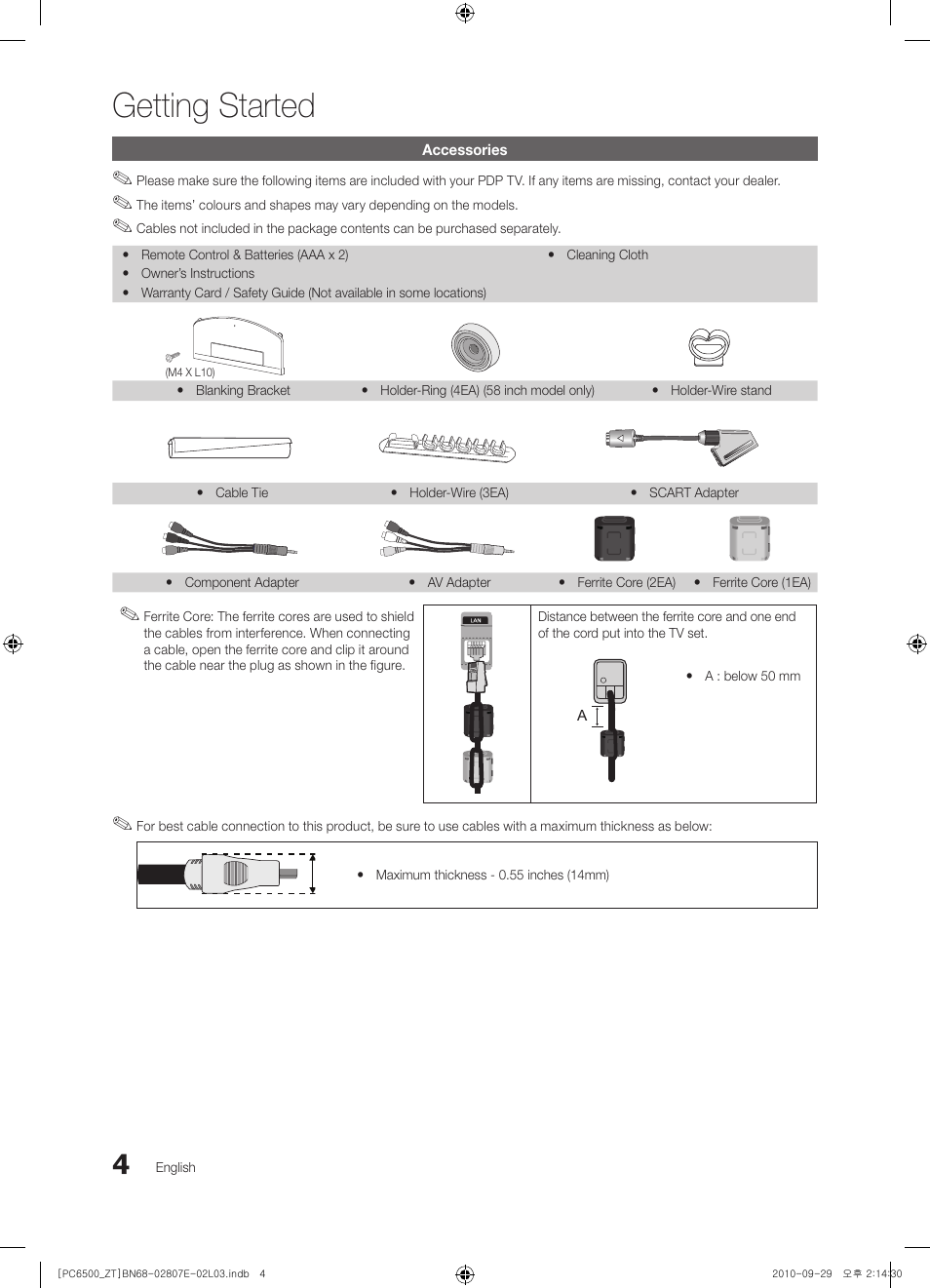 Getting started | Samsung PS50C6500TP User Manual | Page 4 / 172