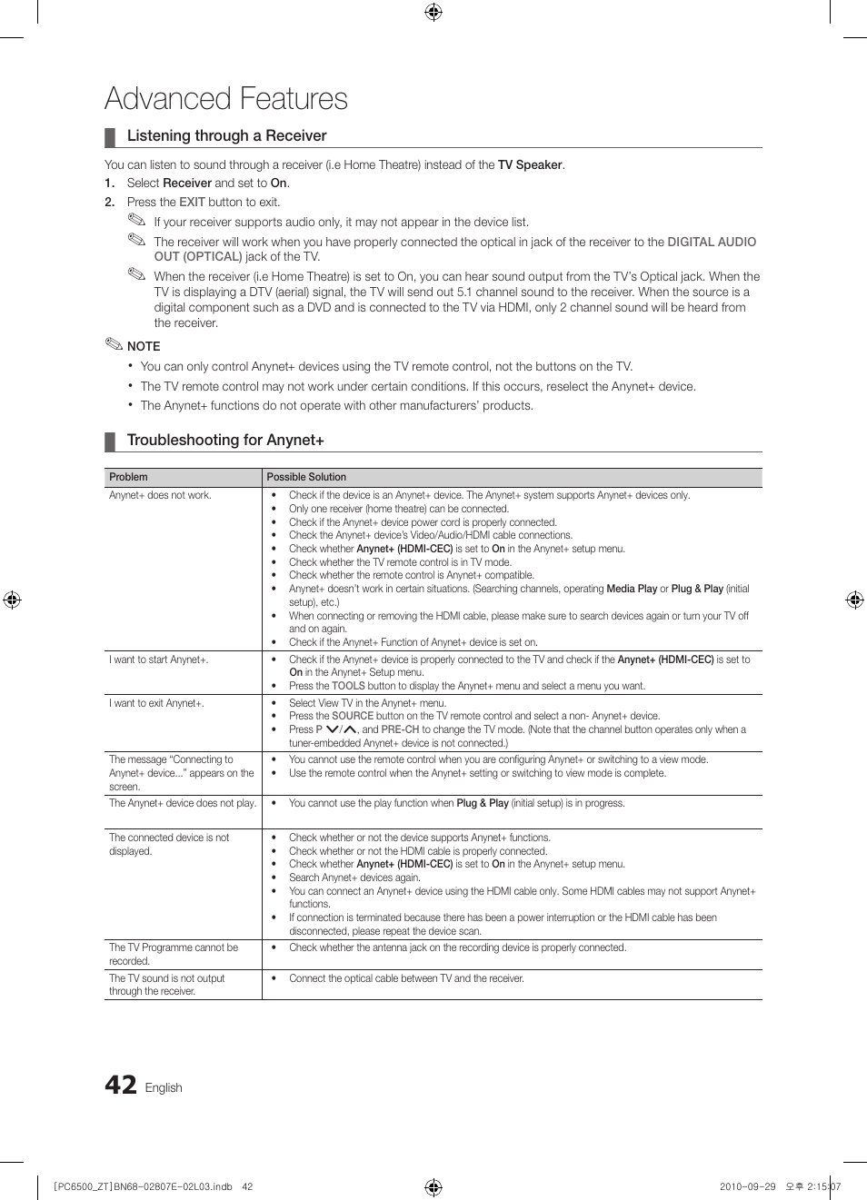 Advanced features | Samsung PS50C6500TP User Manual | Page 42 / 172