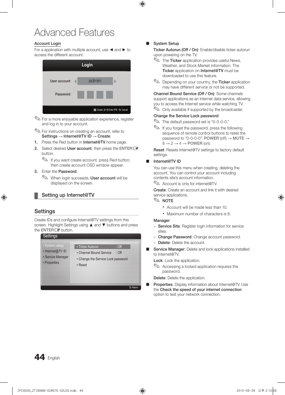Advanced features, Settings | Samsung PS50C6500TP User Manual | Page 44 / 172