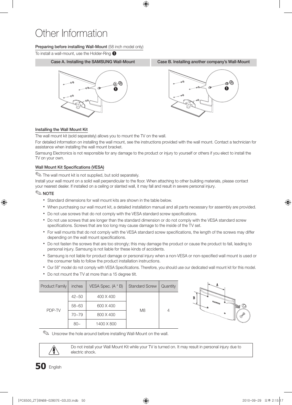 Other information | Samsung PS50C6500TP User Manual | Page 50 / 172