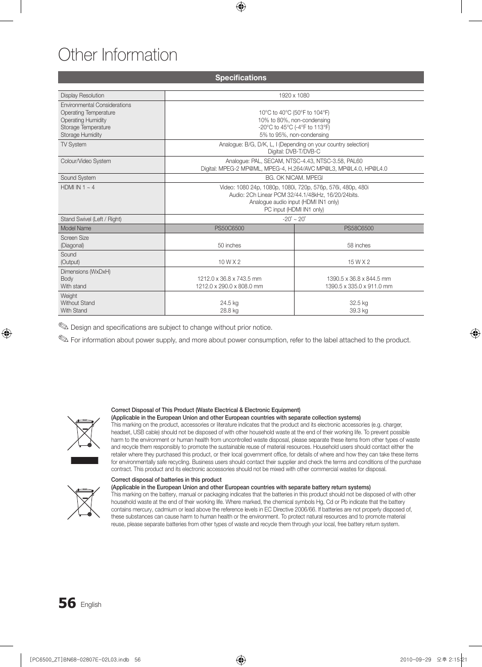 Other information | Samsung PS50C6500TP User Manual | Page 56 / 172