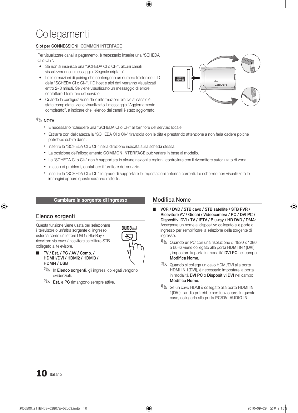 Collegamenti | Samsung PS50C6500TP User Manual | Page 67 / 172