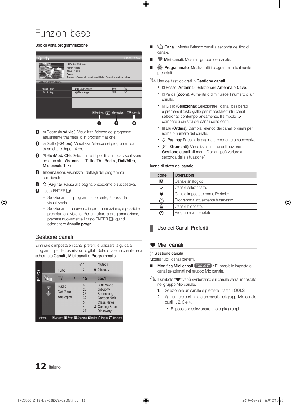 Funzioni base, Gestione canali, Miei canali | Uso dei canali preferiti | Samsung PS50C6500TP User Manual | Page 69 / 172