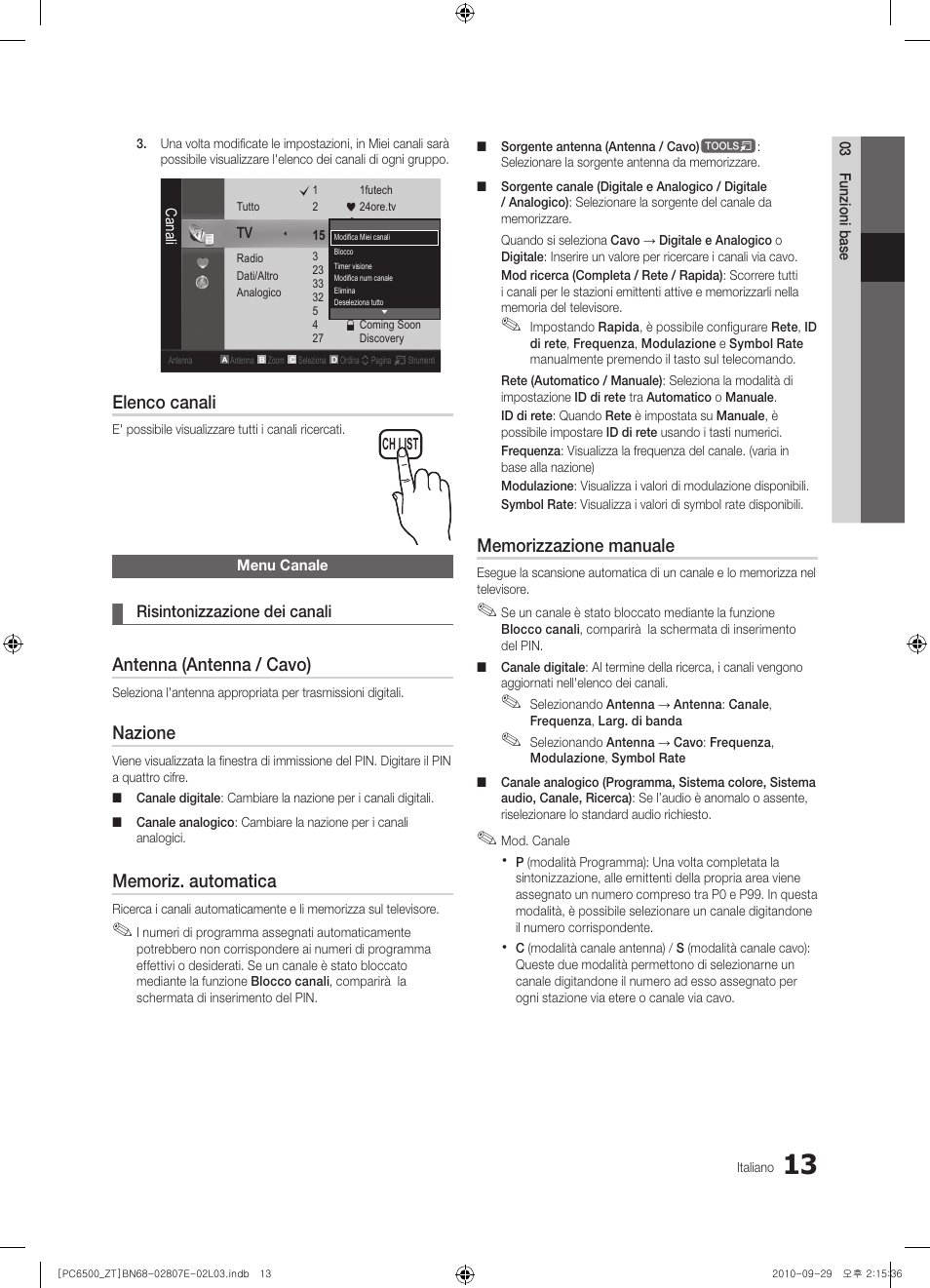 Elenco canali, Antenna (antenna / cavo), Nazione | Samsung PS50C6500TP User Manual | Page 70 / 172