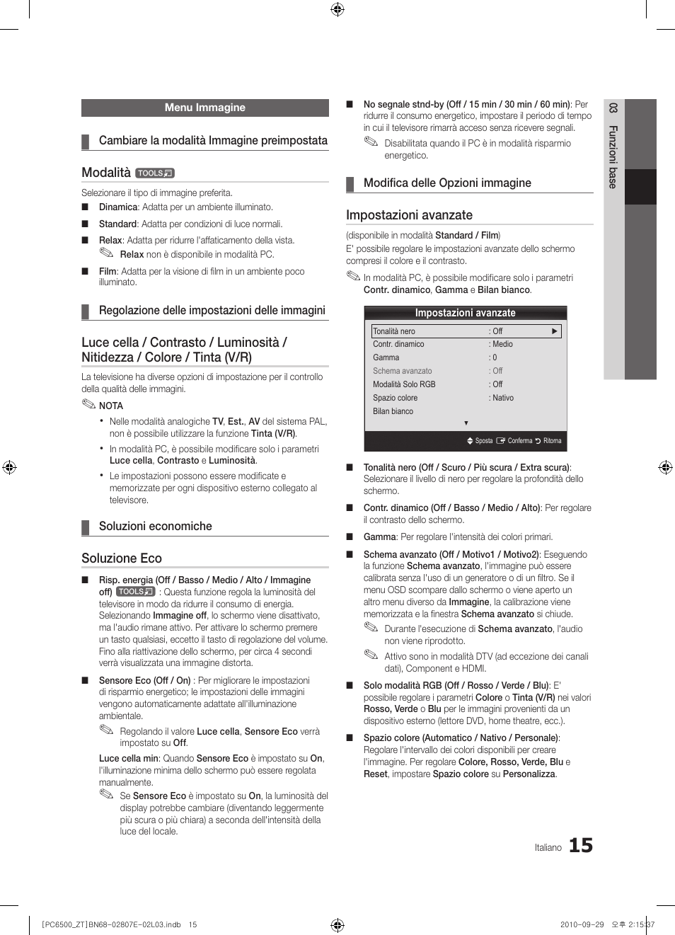 Modalità, Soluzione eco, Impostazioni avanzate | Samsung PS50C6500TP User Manual | Page 72 / 172