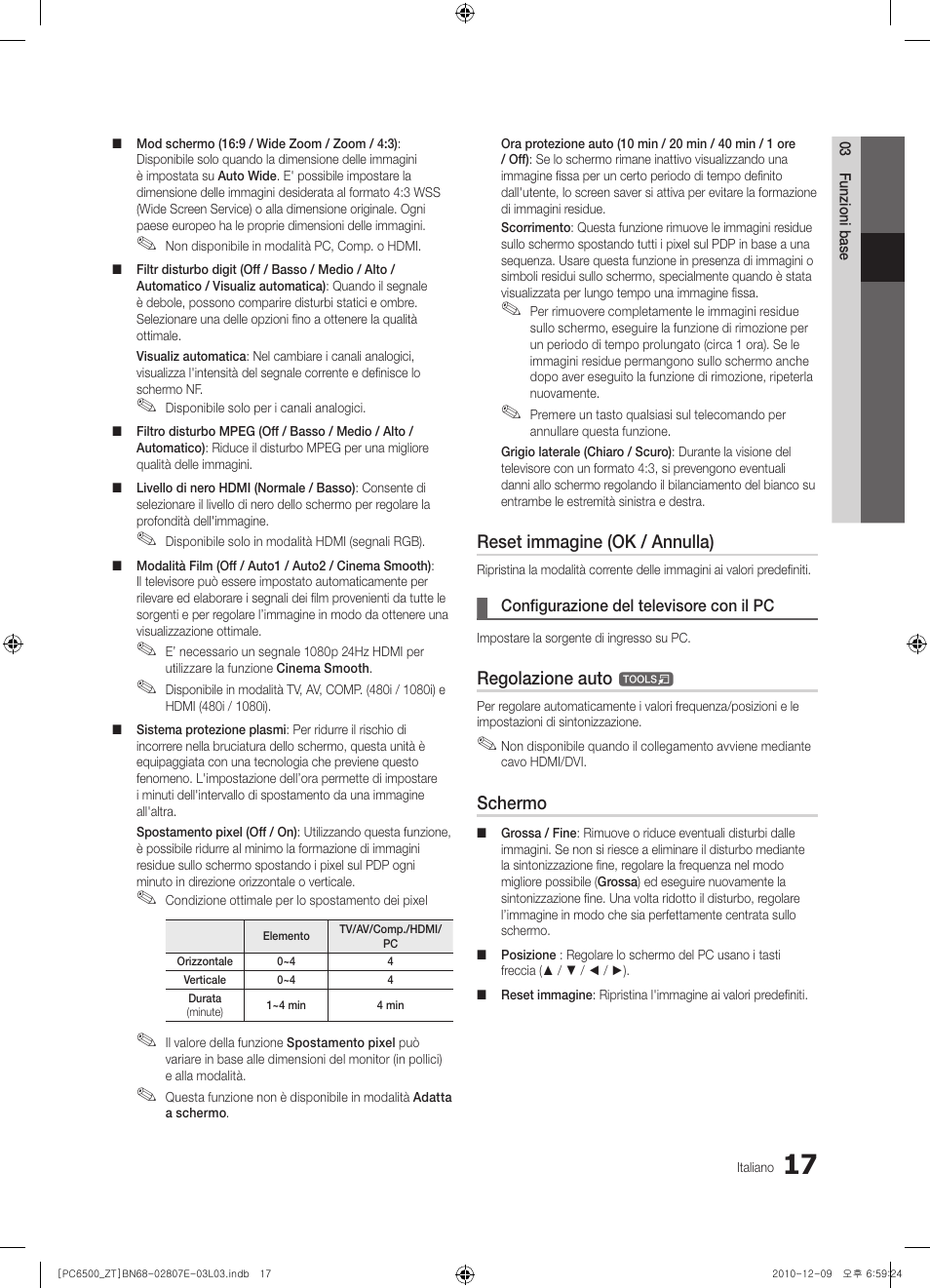 Reset immagine (ok / annulla), Regolazione auto, Schermo | Samsung PS50C6500TP User Manual | Page 74 / 172