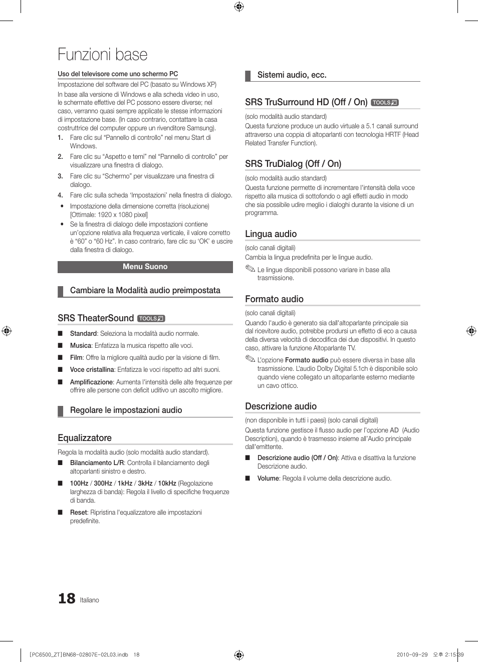 Funzioni base, Srs theatersound, Equalizzatore | Srs trusurround hd (off / on), Srs trudialog (off / on), Lingua audio, Formato audio, Descrizione audio | Samsung PS50C6500TP User Manual | Page 75 / 172