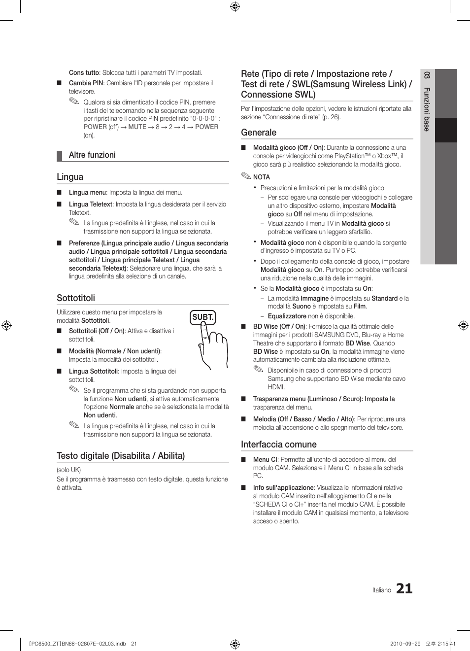 Lingua, Sottotitoli, Testo digitale (disabilita / abilita) | Generale, Interfaccia comune | Samsung PS50C6500TP User Manual | Page 78 / 172