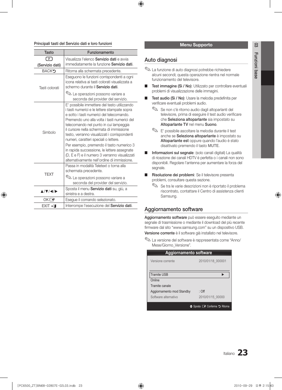 Auto diagnosi, Aggiornamento software | Samsung PS50C6500TP User Manual | Page 80 / 172