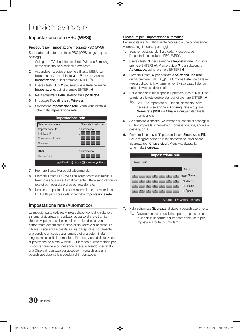 Funzioni avanzate, Impostazione rete (pbc (wps)), Impostazione rete (automatico) | Samsung PS50C6500TP User Manual | Page 87 / 172