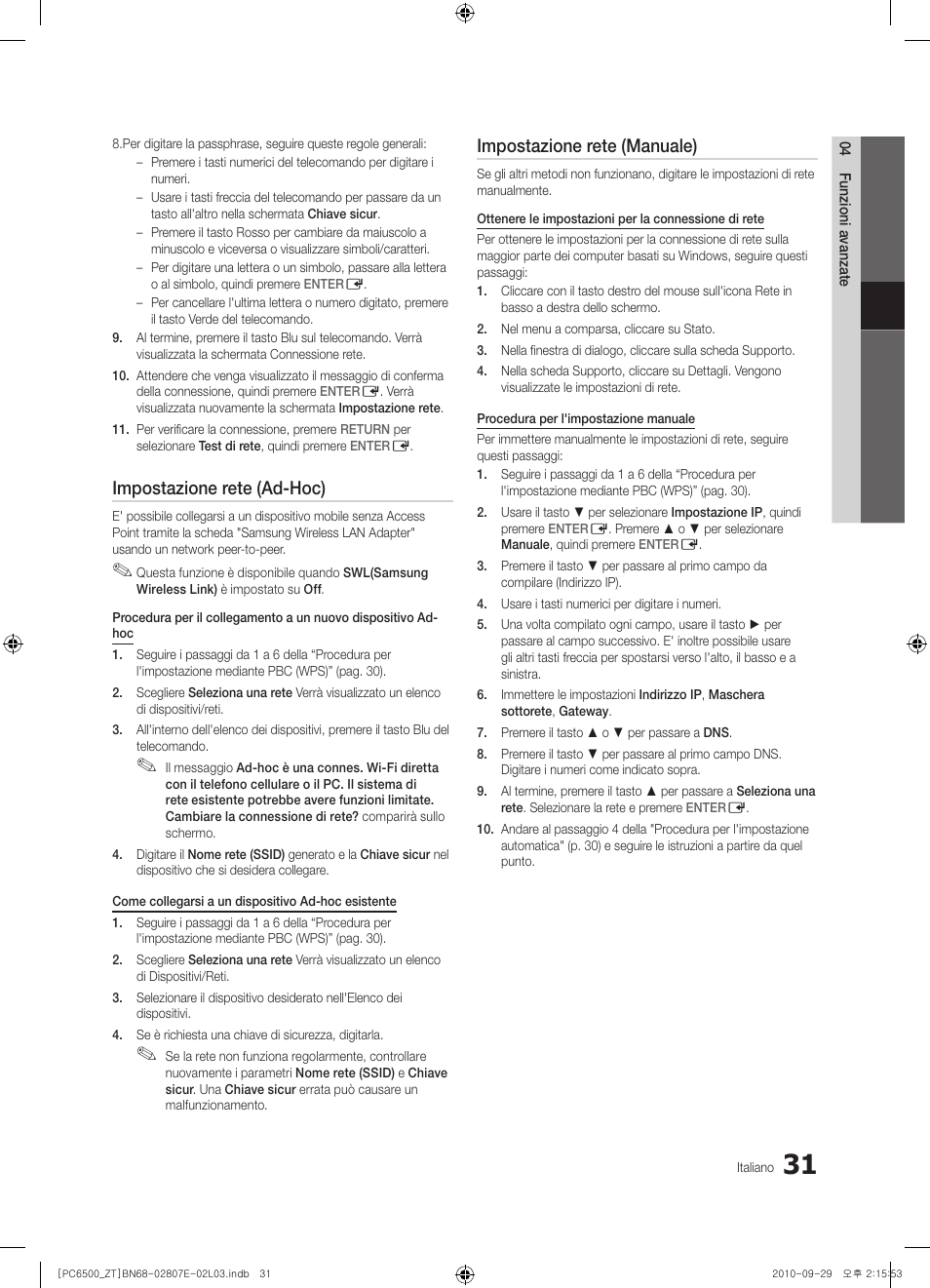 Impostazione rete (ad-hoc), Impostazione rete (manuale) | Samsung PS50C6500TP User Manual | Page 88 / 172