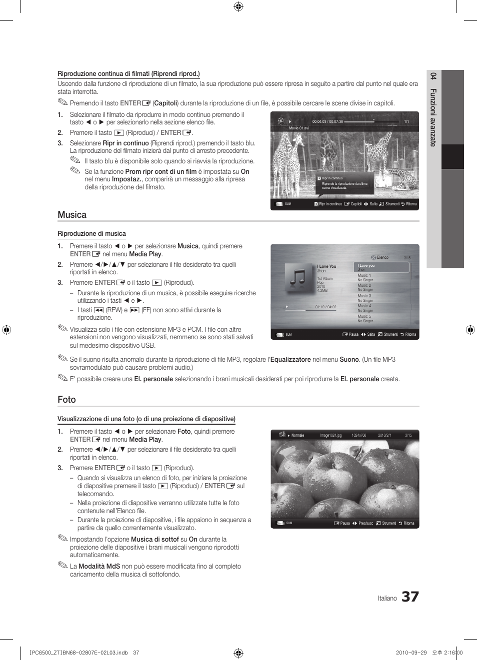 Musica, Foto | Samsung PS50C6500TP User Manual | Page 94 / 172