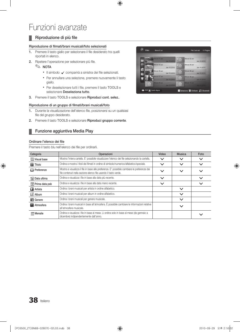 Funzioni avanzate, Riproduzione di più file, Funzione aggiuntiva media play | Samsung PS50C6500TP User Manual | Page 95 / 172