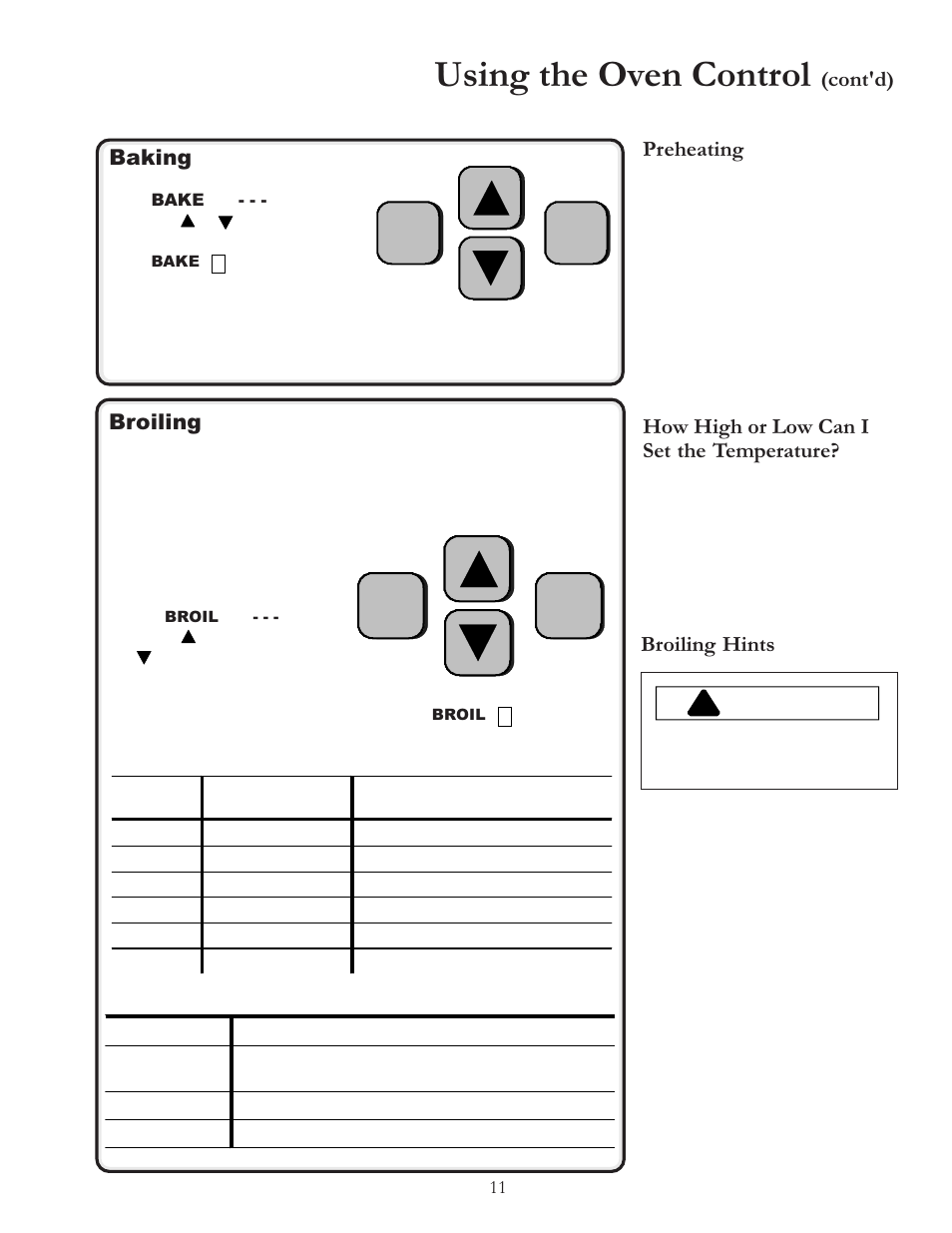 Using the oven control, Warning, Cont'd) baking | Preheating, How high or low can i set the temperature, Broiling, Broiling hints | Amana ARR6420 User Manual | Page 11 / 24