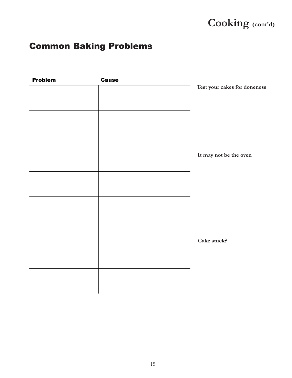 Cooking, Common baking problems, Cont'd) | Amana ARR6420 User Manual | Page 15 / 24