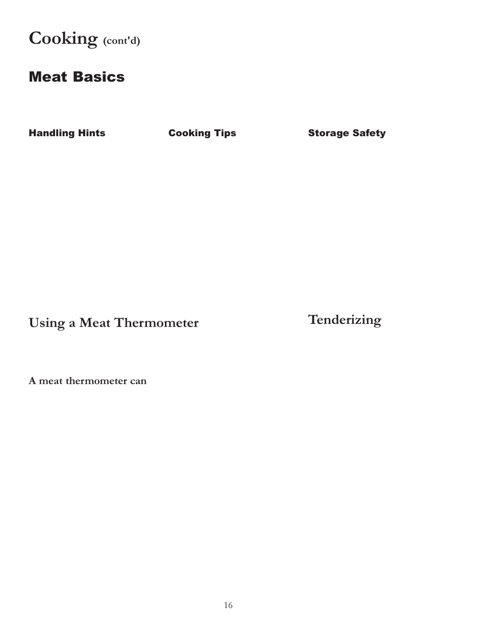 Cooking, Meat basics, Using a meat thermometer | Tenderizing, Cont'd), A meat thermometer can | Amana ARR6420 User Manual | Page 16 / 24