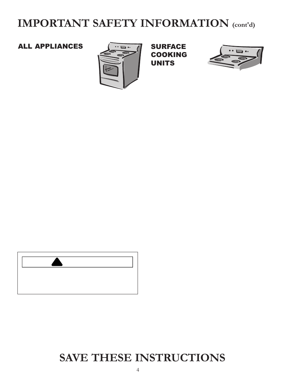 Important safety information, Save these instructions, Caution | All appliances, Surface cooking units, Cont'd) | Amana ARR6420 User Manual | Page 4 / 24