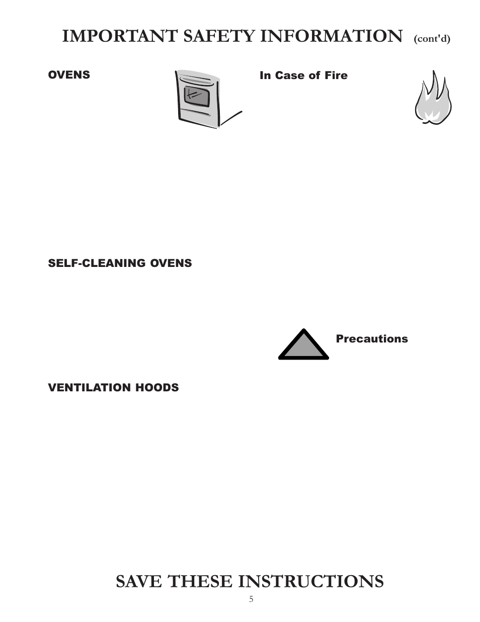 Important safety information, Save these instructions, Ovens | Self-cleaning ovens, Ventilation hoods, Cont'd), Precautions | Amana ARR6420 User Manual | Page 5 / 24