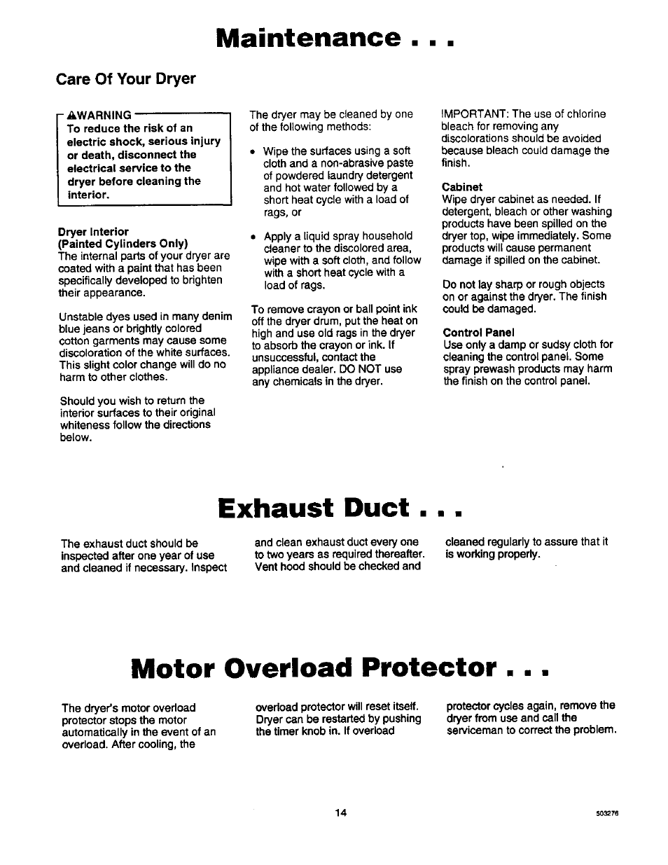 Maintenance, Care of your dryer, Exhaust duct | Motor overload protector | Amana D2491E3B User Manual | Page 14 / 17